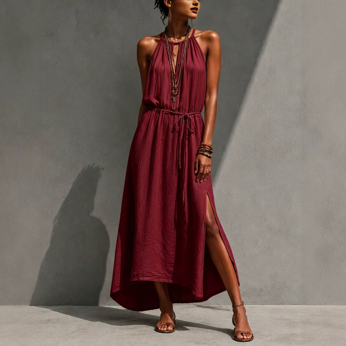 Backless Lace-up Slit Maxi Loose-fitting Dress by Ricaloux