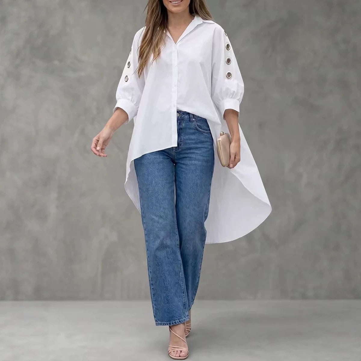 Womens Loose-fit Solid-color Long-sleeve Shirt by Ricaloux