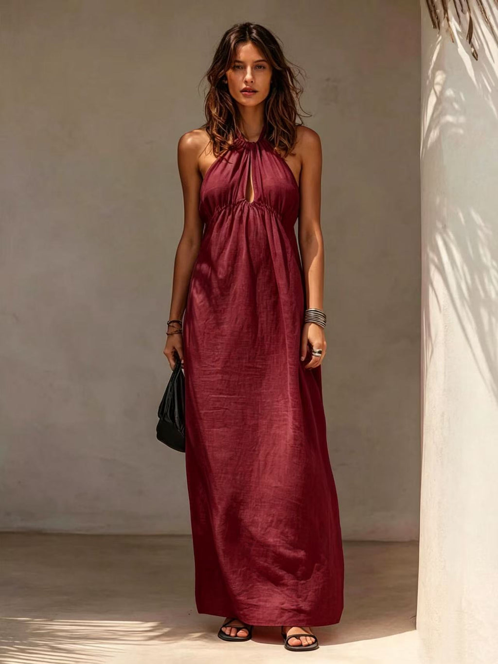 Womens Solid-color Long Halter-neck Dress – Premium 0 | RICALOUX