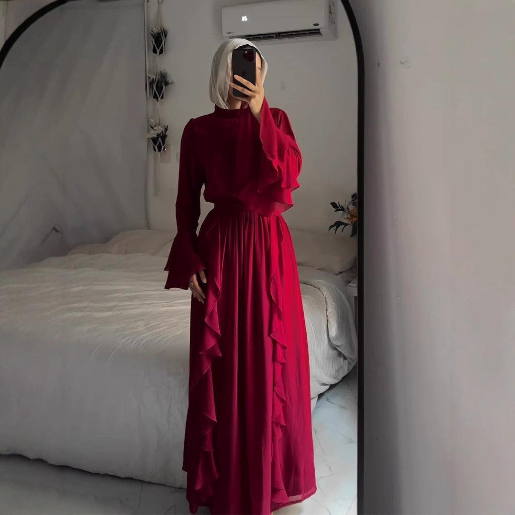 Chiffon Long Dress With Ruffled Trim And Panel Stitching by Ricaloux