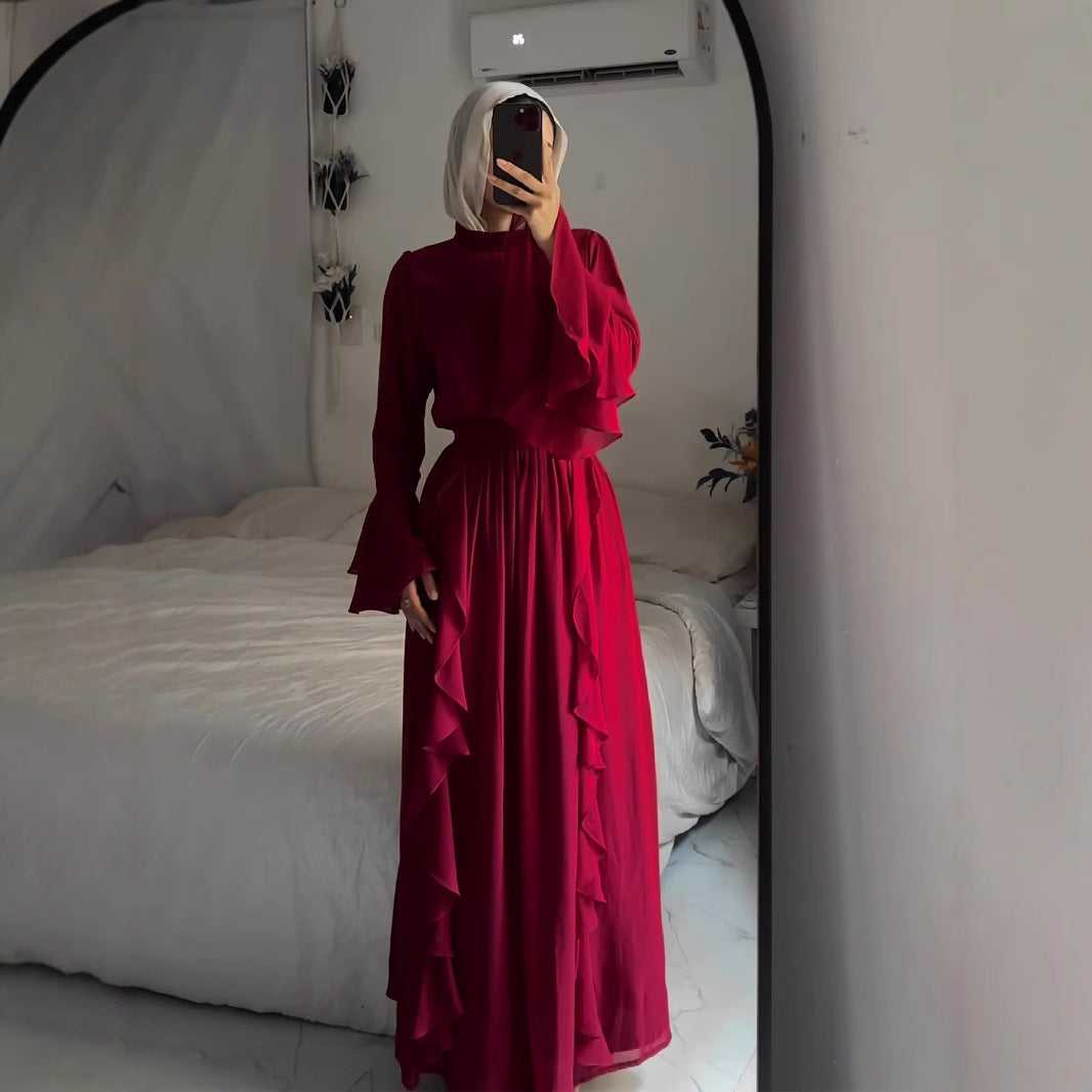 Chiffon Long Dress With Ruffled Trim And Panel Stitching by Ricaloux