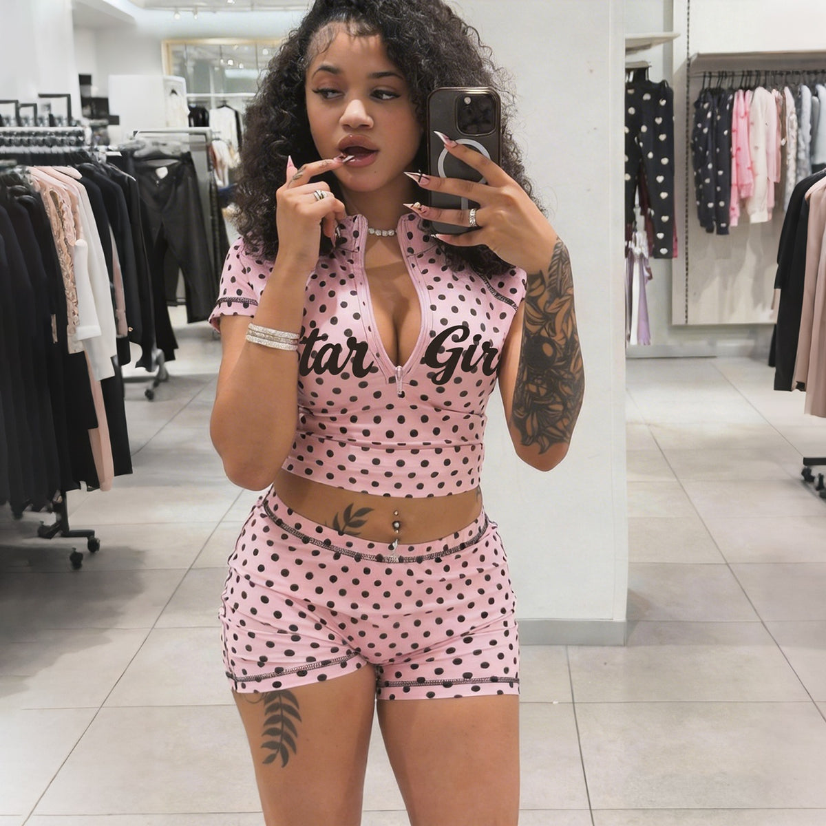 Womens Polka-Dot Print Zippered Crop Top And Shorts Set by Ricaloux