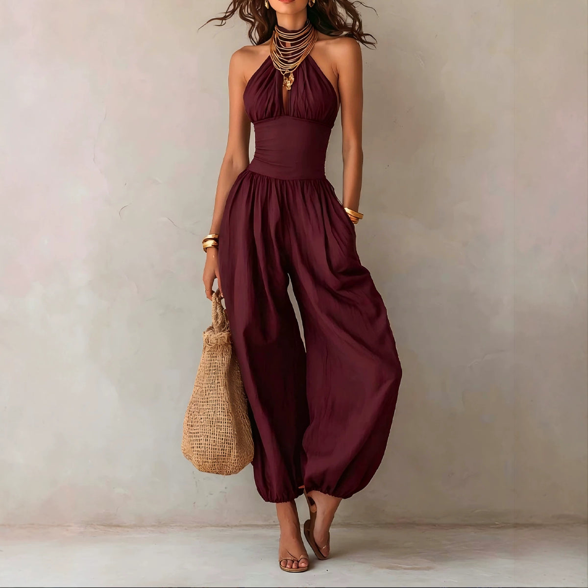 Bohemian-style Backless Hollow-out Lantern-leg Jumpsuit by Ricaloux