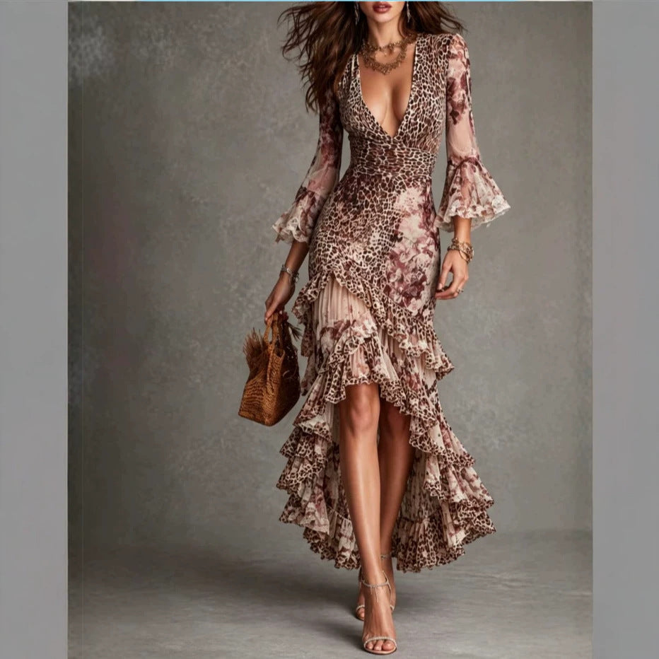 French-style Vintage Leopard-print Flared-sleeve Floral-lace Waist-cinching Asymmetrical Maxi Dress – Premium 0 | RICALOUX