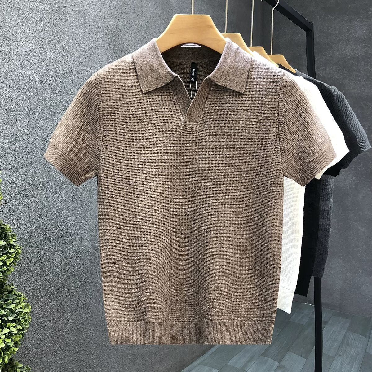 Stylish Slim-Fit Short-Sleeve Lapel Knitted Base Layer Shirt by Ricaloux