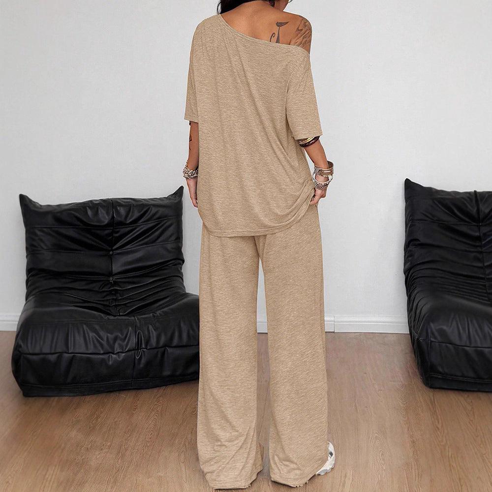Casual 2 Pieces Set For Woman Two Piece Outfits Blusas T Shirt Tees Simple Style Homewear Loose Solid Color by Ricaloux