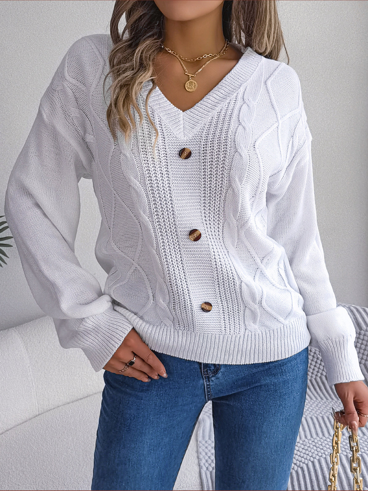 Solid-color V-neck Buttoned Cable-knit Puff-sleeve Pullover Sweater by Ricaloux