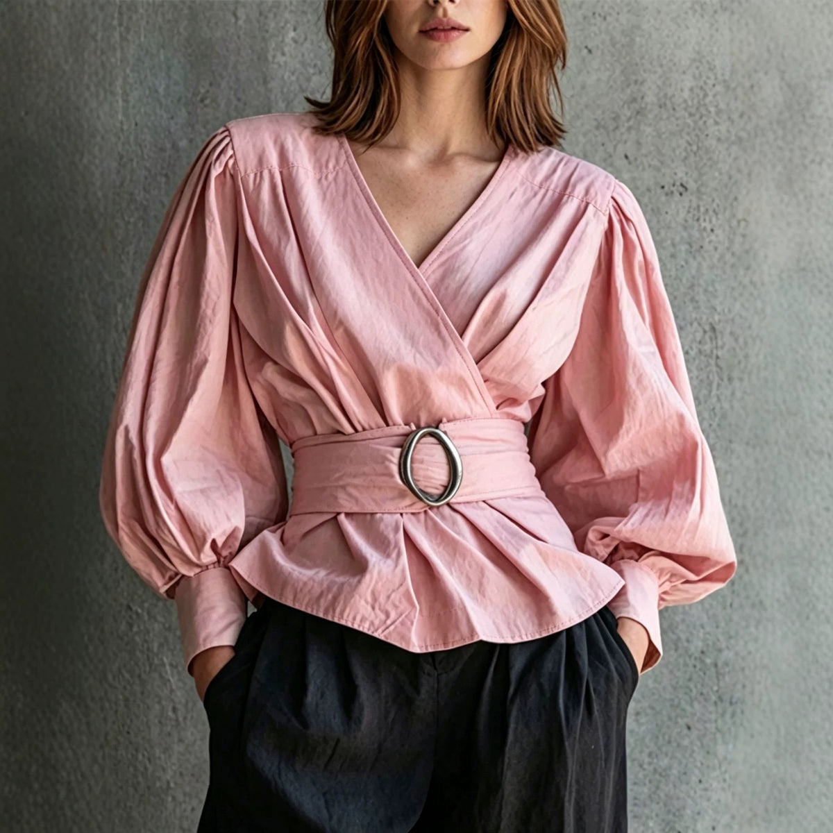 Womens V-neck Blouse With Ruffled Cuffs And Puff Sleeves – Premium 0 | RICALOUX