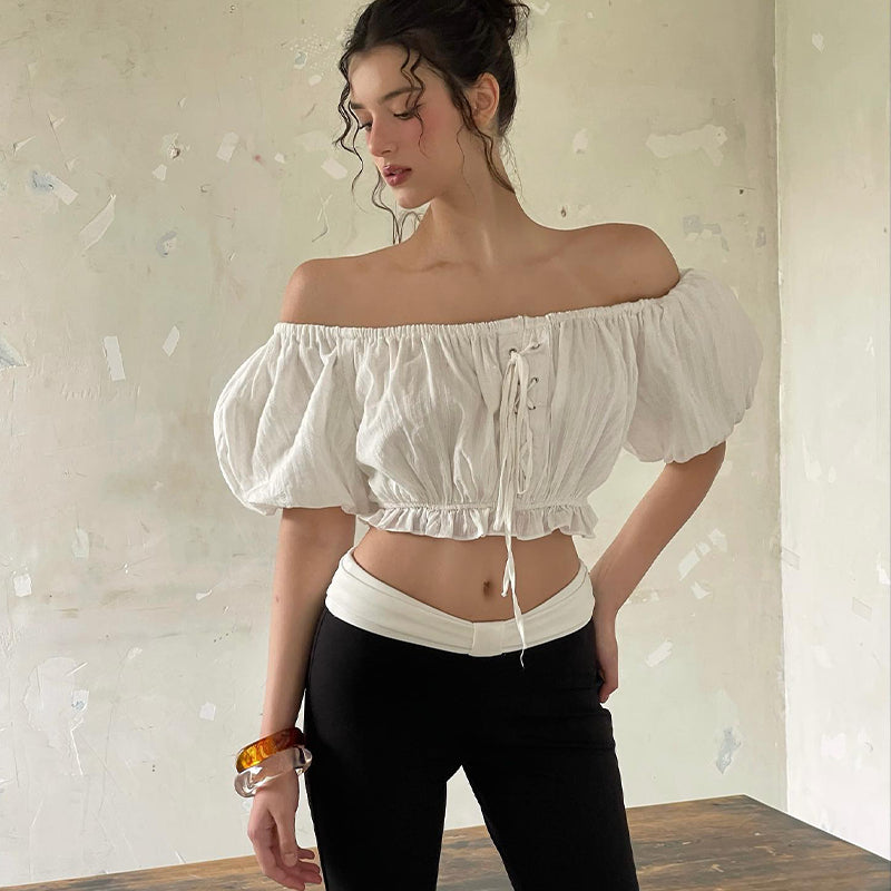 Street Girl Style One-shoulder Pleated Bubble Short-sleeved Shirt by Ricaloux