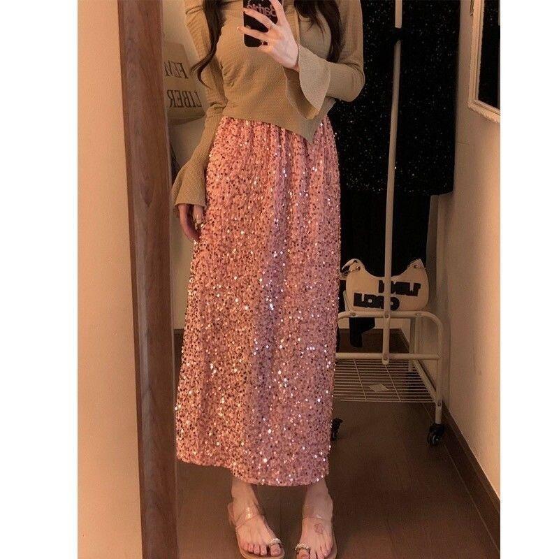 Womens Solid-Color Velvet Sequin Slit Skirt by Ricaloux
