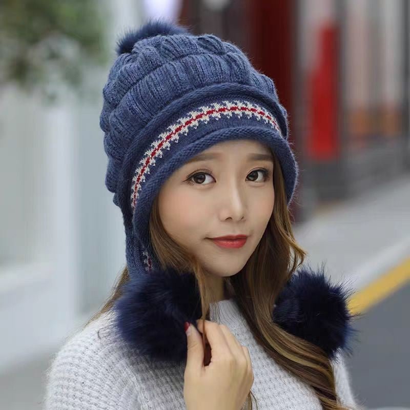 Cozy Knit Fleece-Feel Beanie With Ear Flaps & Pompom Warm Winter Hat For Women Perfect For Skiing & Outdoor Activities - RICALOUX