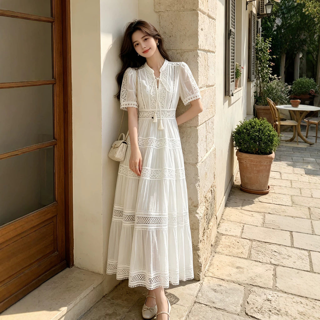 Womens French-style Intricately Crafted Lace Hollow-out V-neck Dress – Premium 0 | RICALOUX