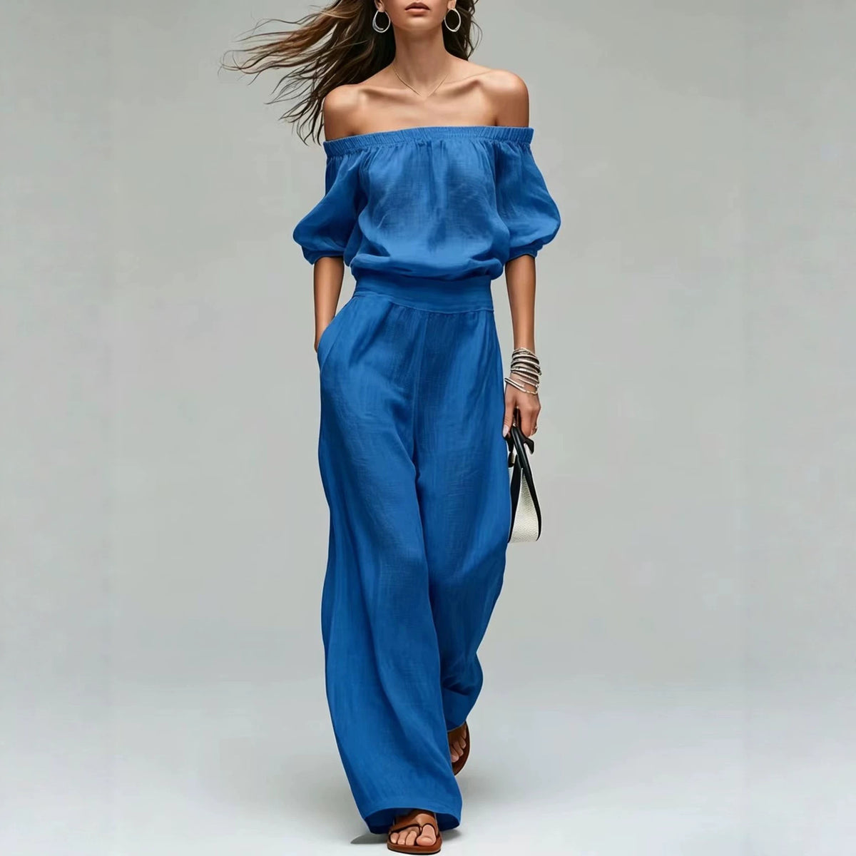 Cinched-top Blouse And Linen-textured Wide-leg Pants Set – Premium 0 | RICALOUX