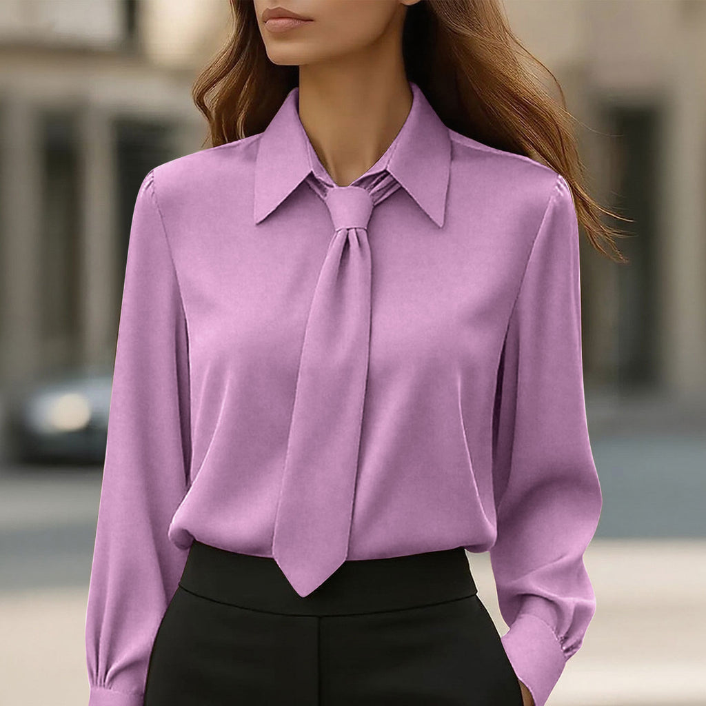 Womens Solid-Color Casual Tie Long-Sleeve French-Collar Shirt by Ricaloux