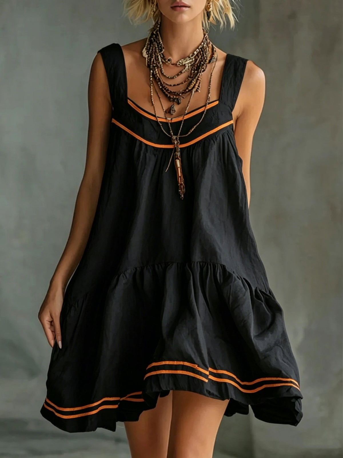 New Retro Casual Chic Embossed Comfortable Solid-color Cotton-linen Mini Slip Dress by Ricaloux