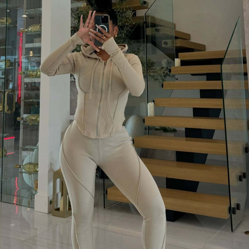 Womens Fashion Ribbed-Stripe Casual Sports Set by Ricaloux