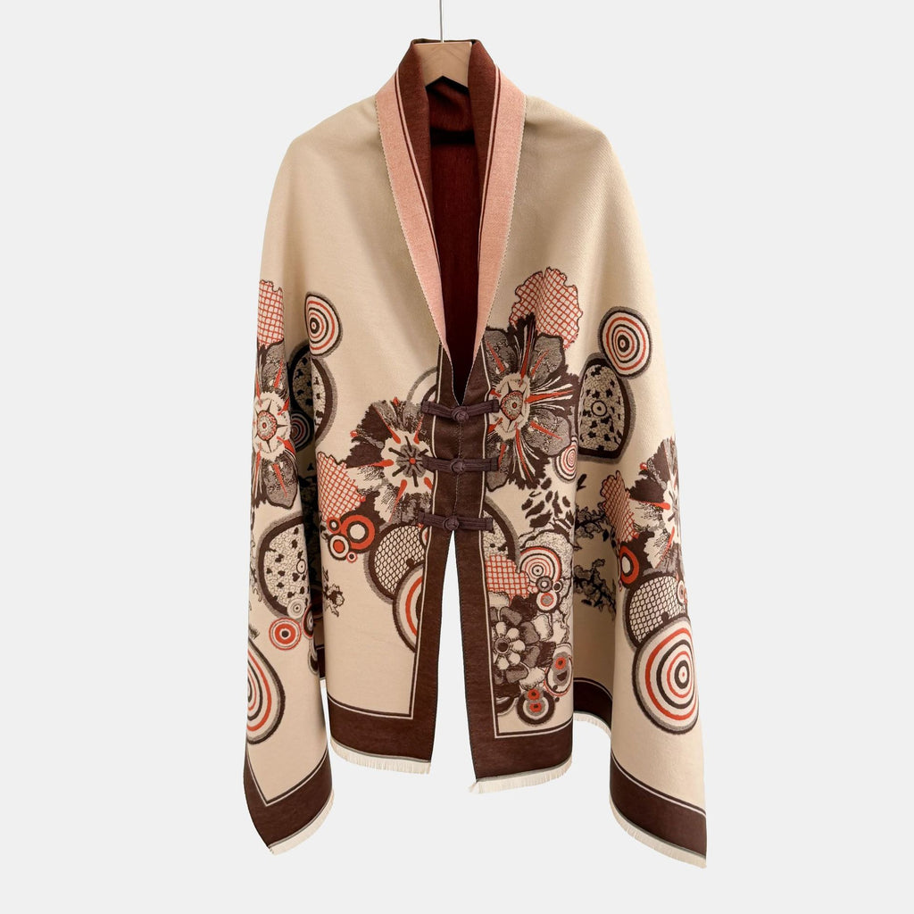 Vintage Knot-button Outerwear Jacquard Shawl by Ricaloux