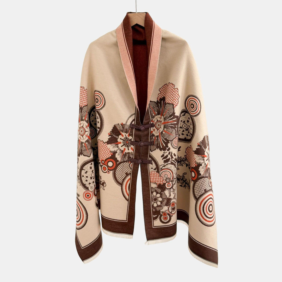Vintage Knot-button Outerwear Jacquard Shawl by Ricaloux