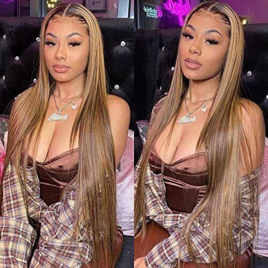Real Human Hair Female Long Straight Hair Front Lace Wig Head Cover by Ricaloux