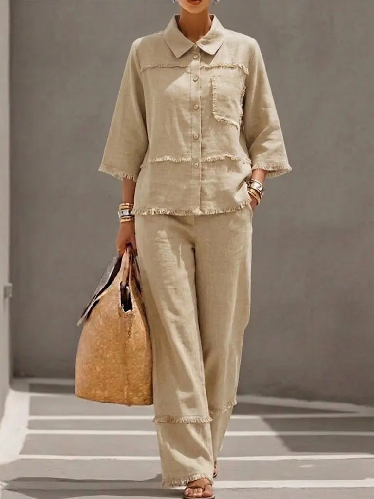 Stylish Casual Lapel Shirt Set With Raw-edged Blouse by Ricaloux