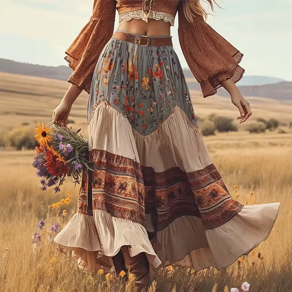 Bohemian Resort-style Artistic Patchwork Long Skirt by Ricaloux