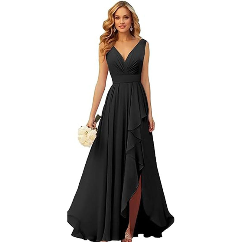 V-neck Pleated Slit Chiffon Dress With Tie Straps – Premium 0 | RICALOUX