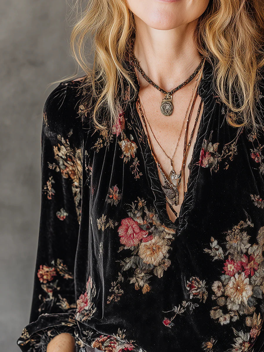 Womens Loose-fitting Long-sleeve Gold Velvet Top by Ricaloux