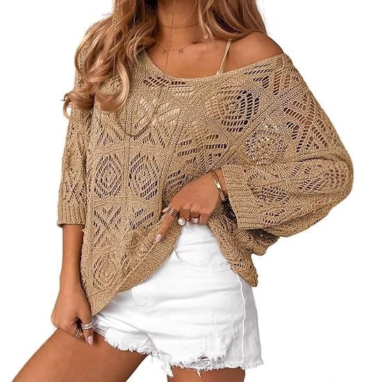 Crochet Hollowed-Out Three-Quarter-Sleeve Pullover Sweater by Ricaloux