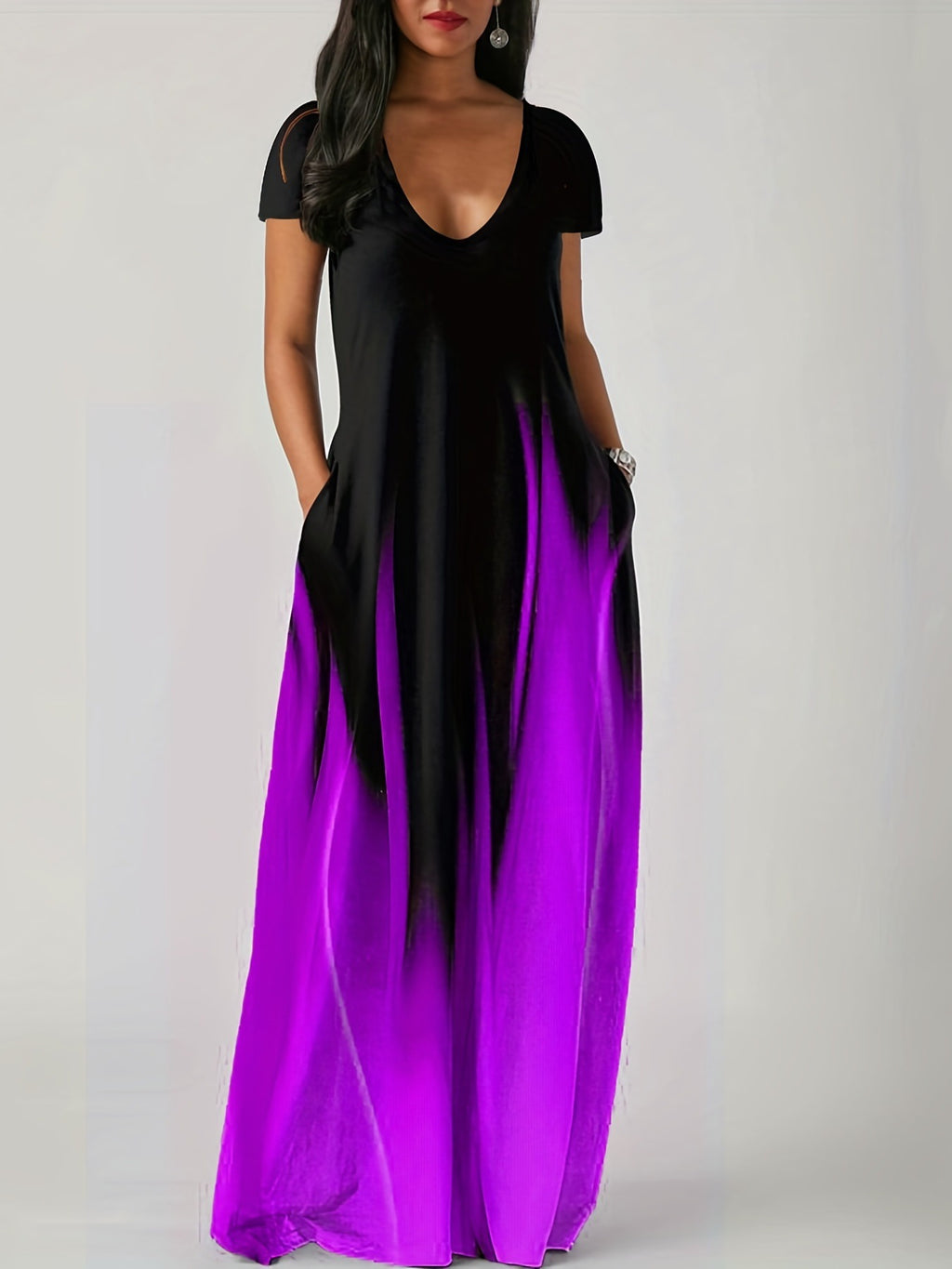 Women's Ombre Gradient Short Sleeve Maxi Dress With Pockets Casual V-Neck Loose Fit Long Dress For Summer – Premium 4 | RICALOUX