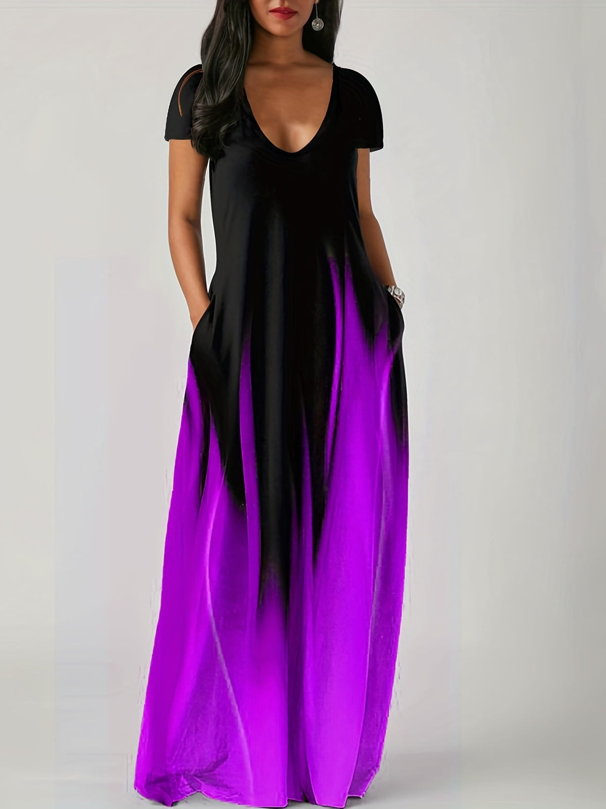 Women's Ombre Gradient Short Sleeve Maxi Dress With Pockets Casual V-Neck Loose Fit Long Dress For Summer – Premium 4 | RICALOUX