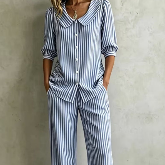 New Design Linen Striped Loose-fitting Shirt Set by Ricaloux