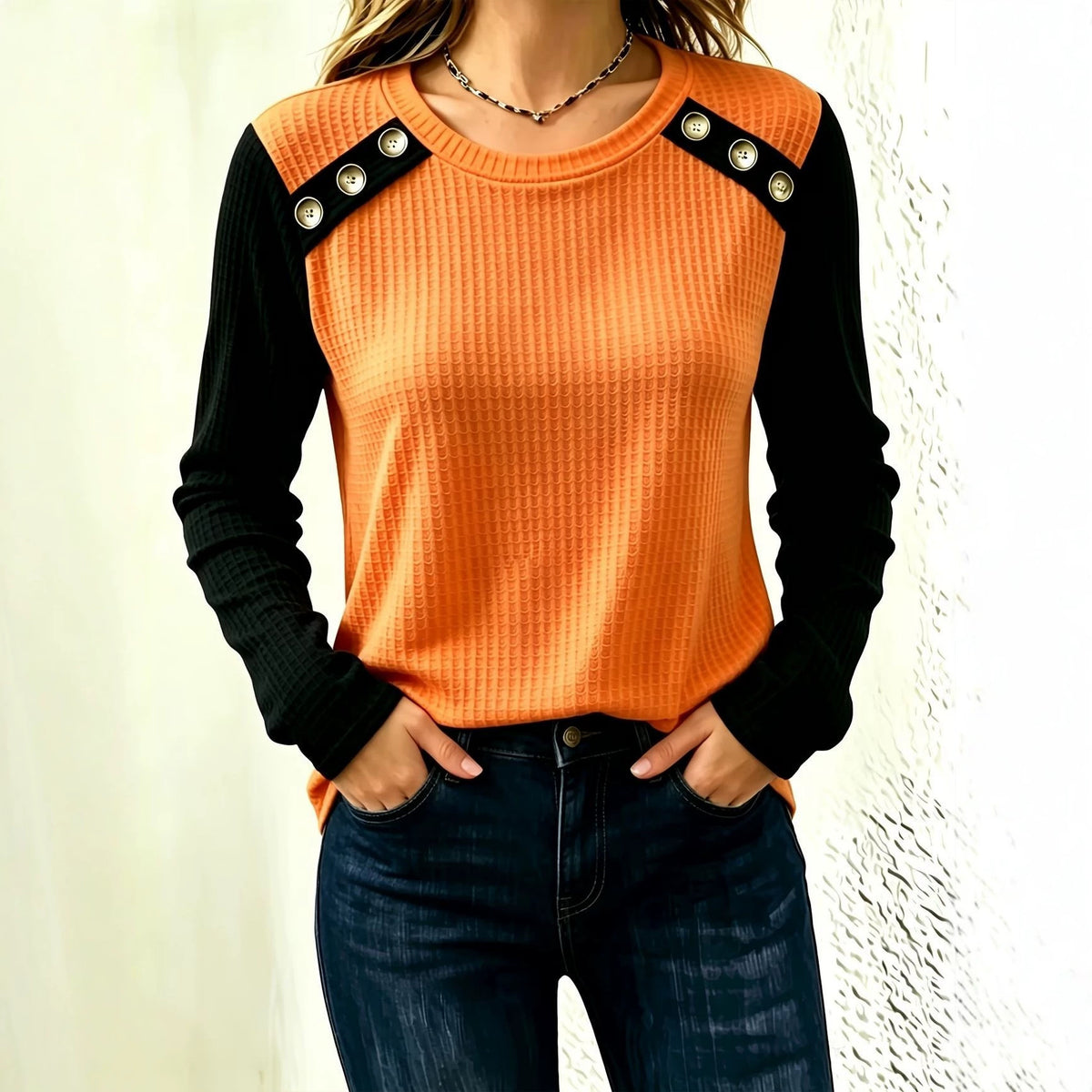 FallWinter Crew-neck Patchwork Waffle-knit Long-sleeve Top by Ricaloux
