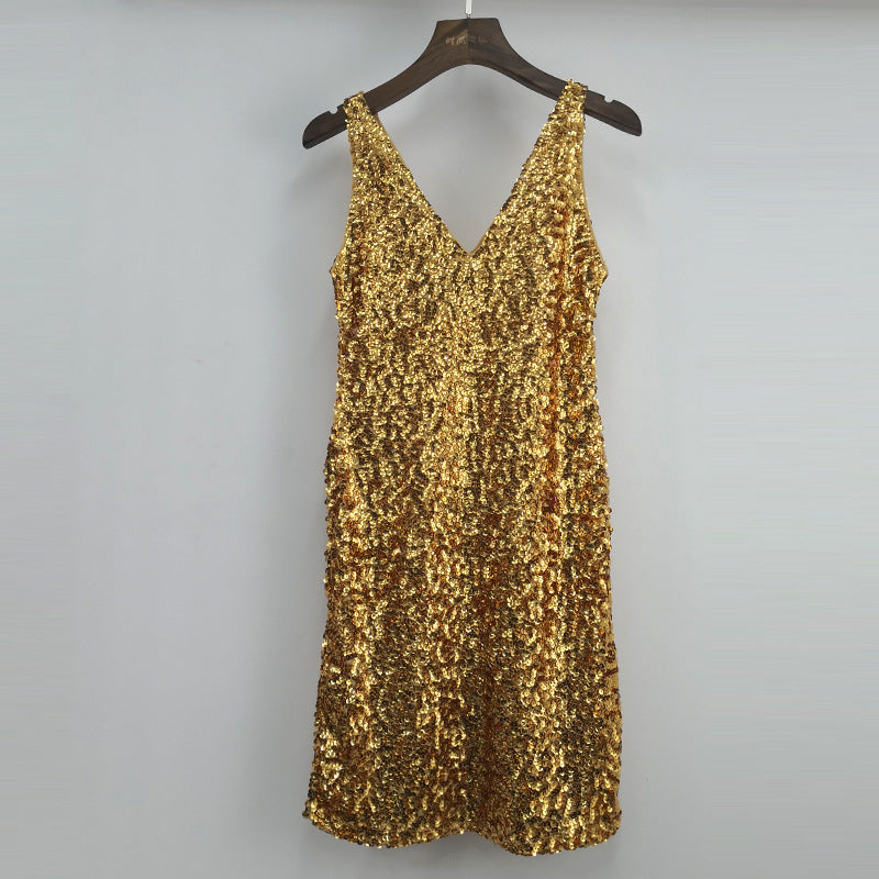 V-neck Performance Stage Outfit Sequined Sleeveless Dress by Ricaloux