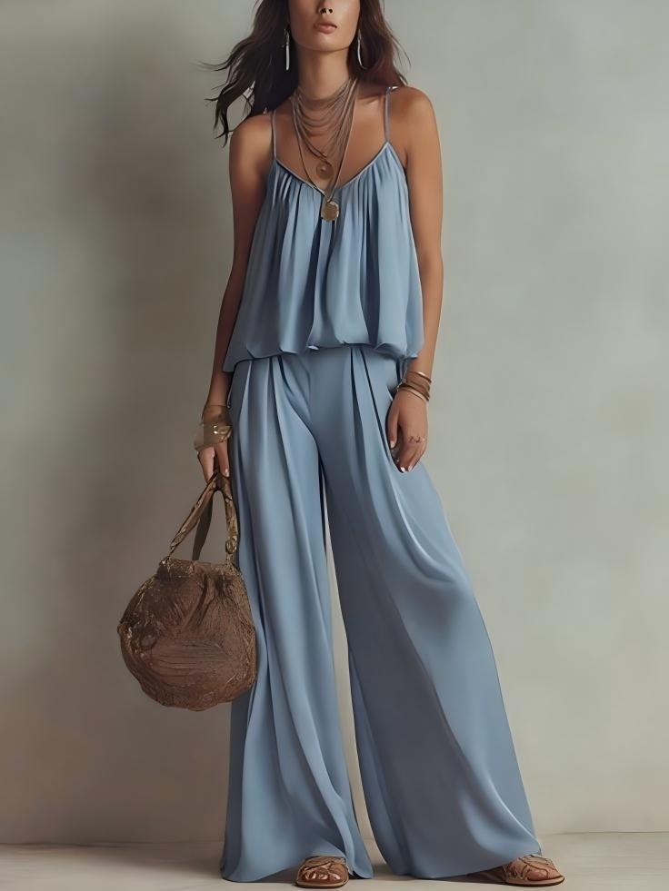 Square Neck Loose Cami Crop Top & High Waist Flowy Wide Leg Pants Two Piece Vacation Outfit Set – Premium 4 | RICALOUX