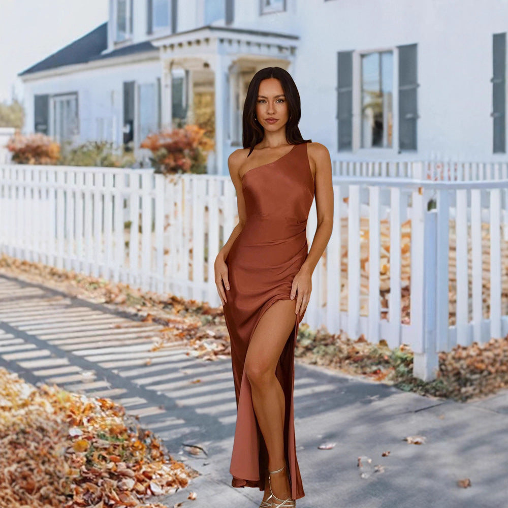 Irregularly Slit Solid-Color Long Dress by Ricaloux