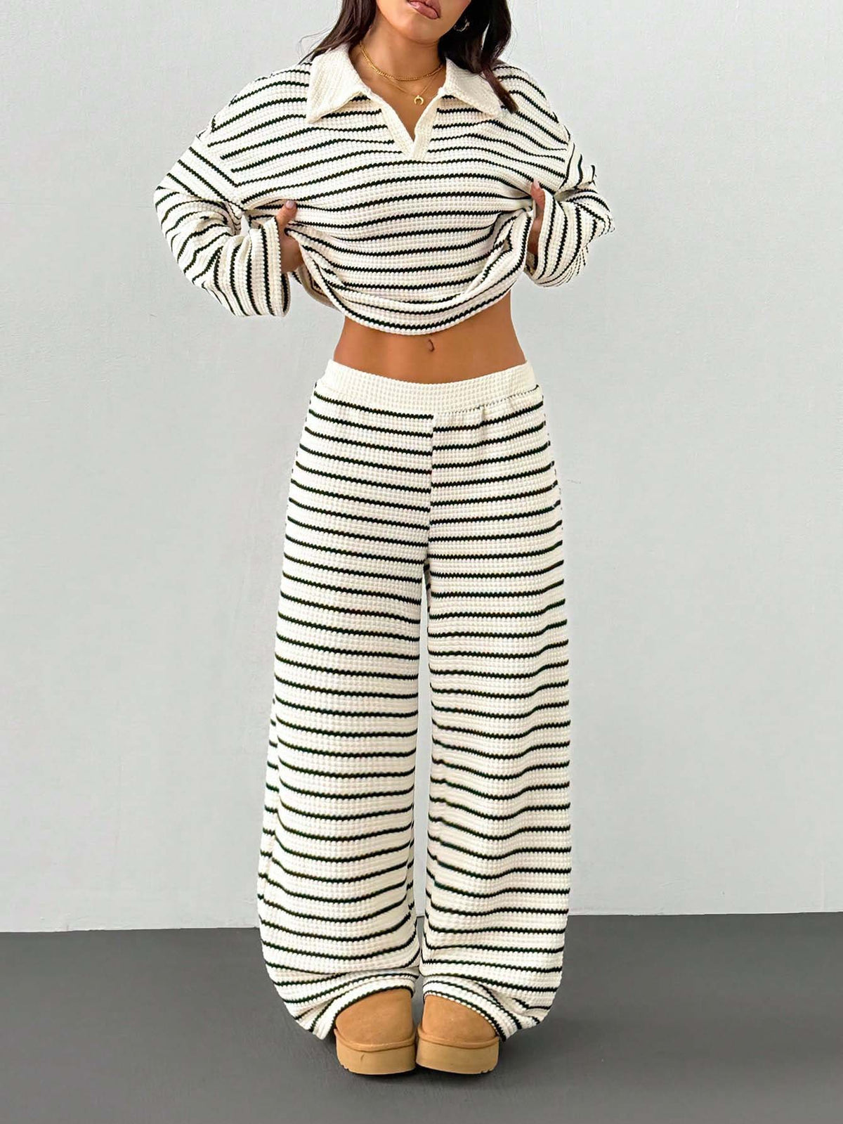 Striped Knitted Color-Block Long-Sleeve Top And Pants Casual Set – Premium 0 | RICALOUX