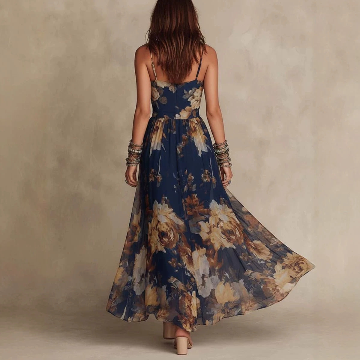 V-neck Waist-cinched Flowing Chiffon Maxi Dress For Vacation by Ricaloux
