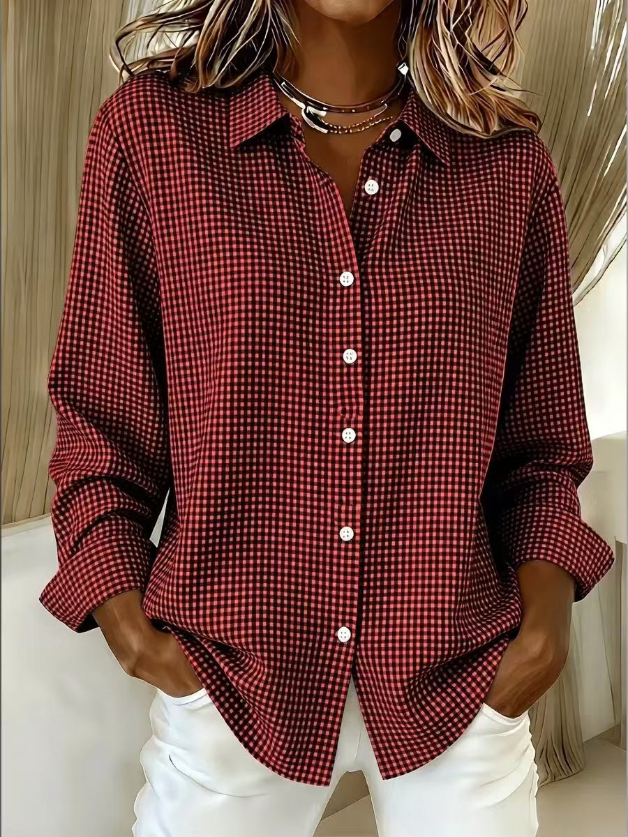 Versatile Lapel-collar Long-sleeve Plaid Shirt by Ricaloux