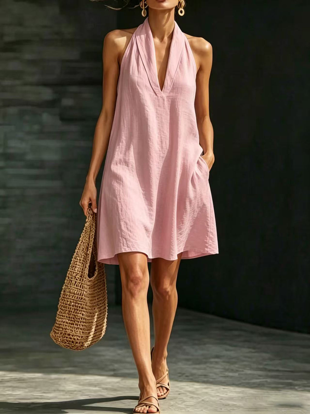 Casual Short Solid-color V-neck Dress by Ricaloux
