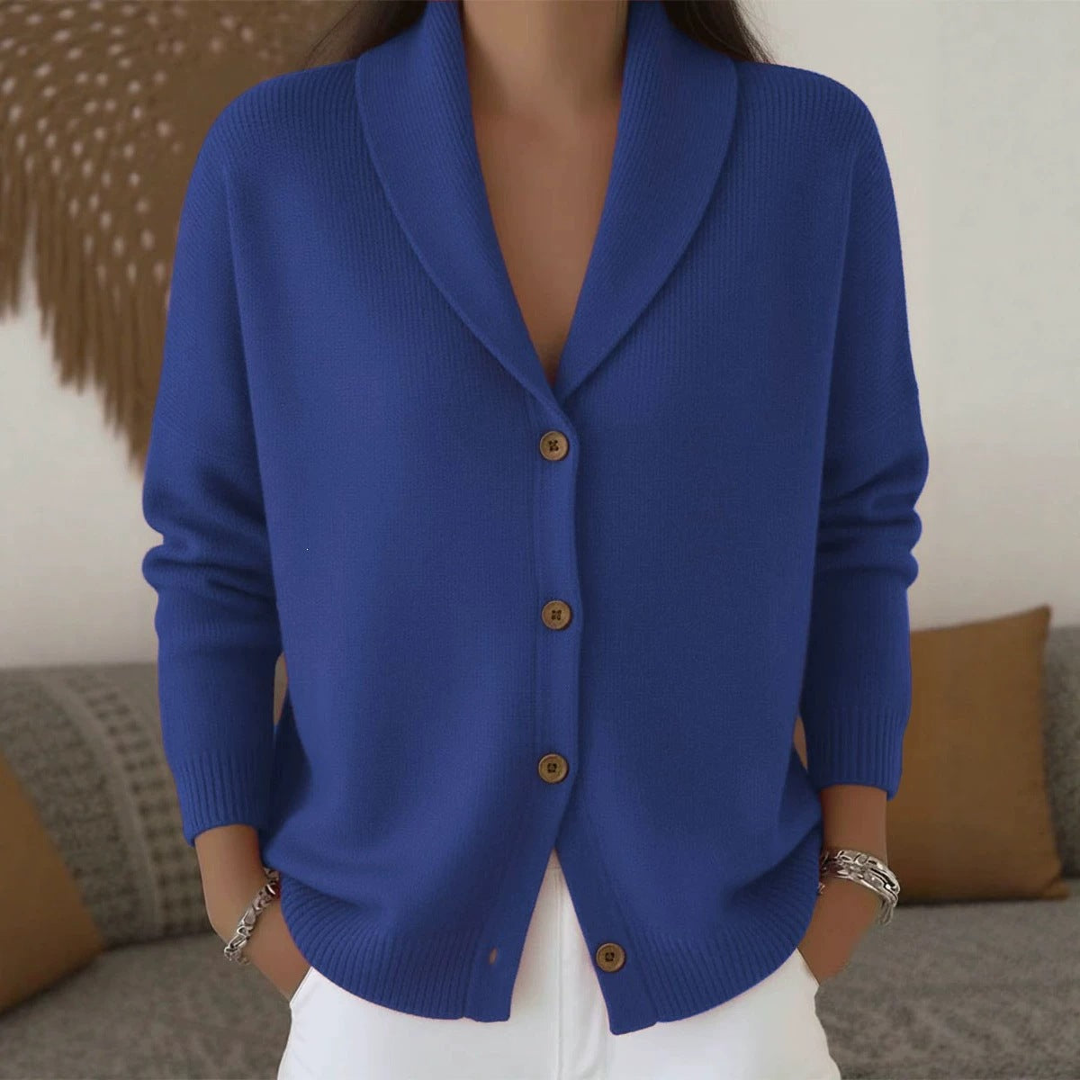 Womens Knitted Cardigan Loose-Fit Lazy Style Soft And Cozy Notch Lapel Solid Color Long-Sleeve Sweater by Ricaloux