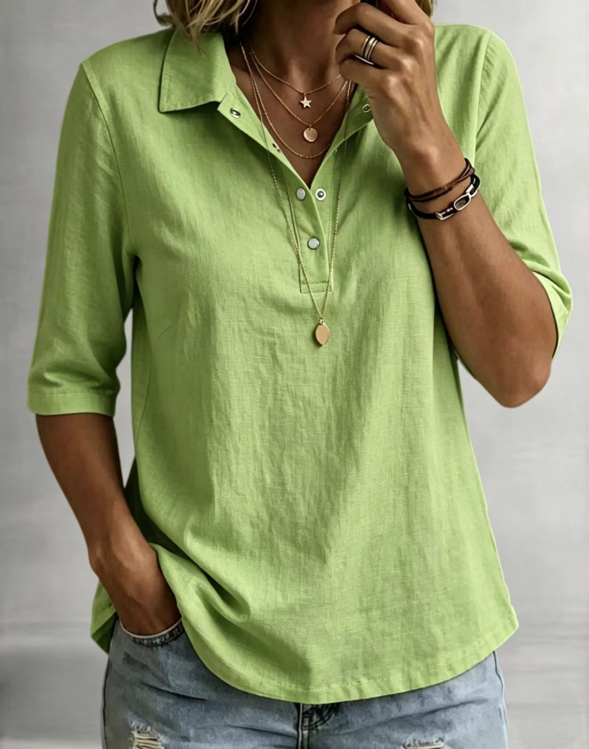 Loose-fitting Casual Mid-sleeve Lapel-collar Solid-color Shirt – Premium 0 | RICALOUX