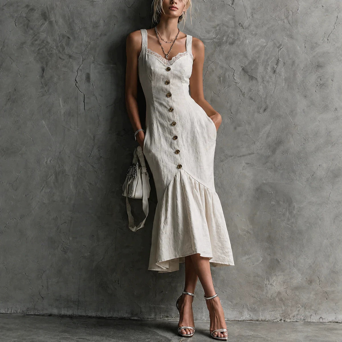Womens Lace-Trimmed Buttoned Strap Fishtail Long Dress by Ricaloux