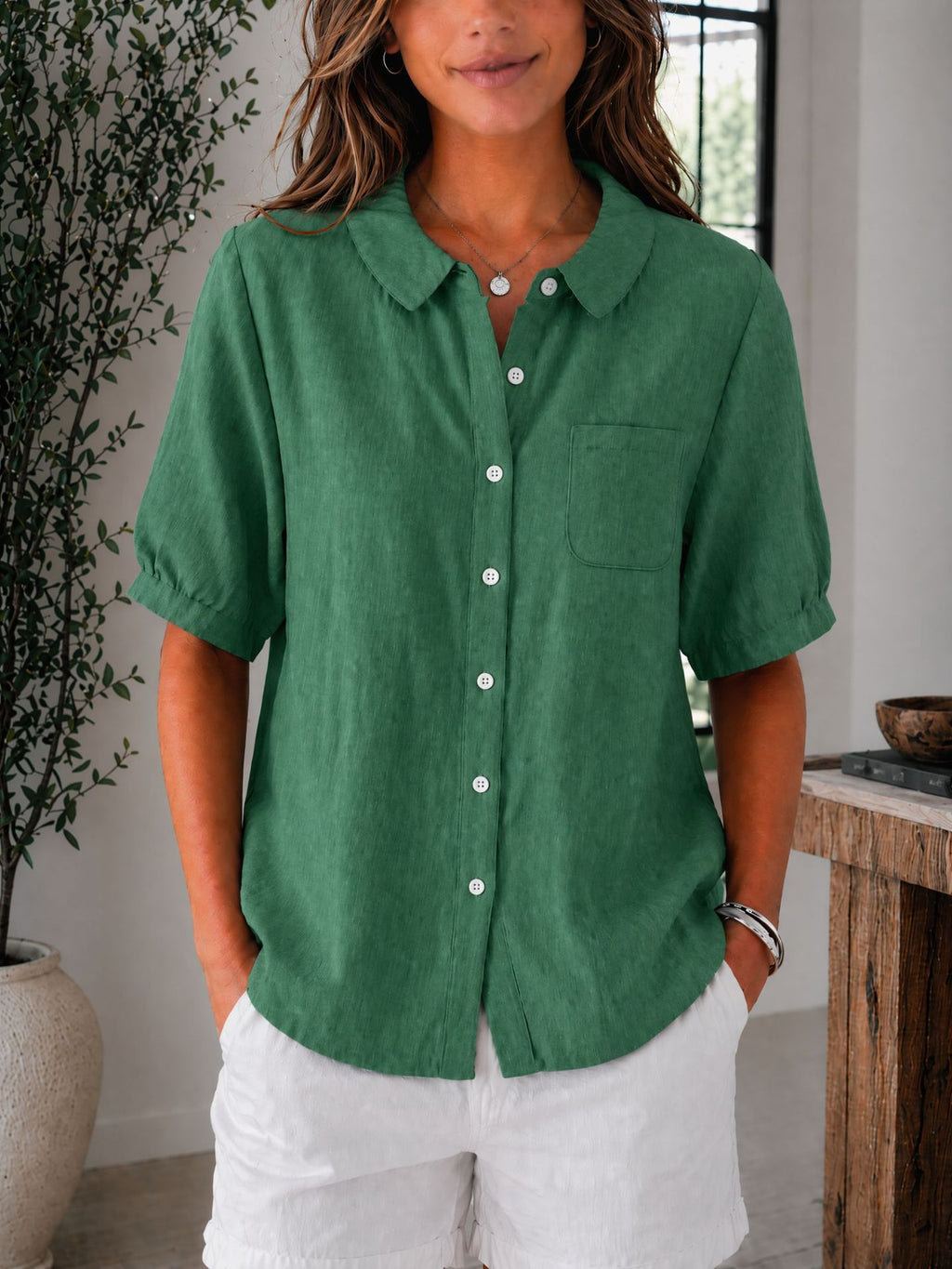 Womens Solid-color Loose-fit Casual Work Top by Ricaloux