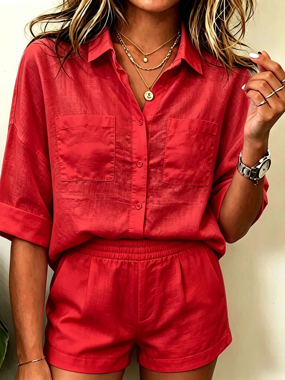 European And American-style Solid-color Shirt And Shorts Set For Women – Premium 0 | RICALOUX