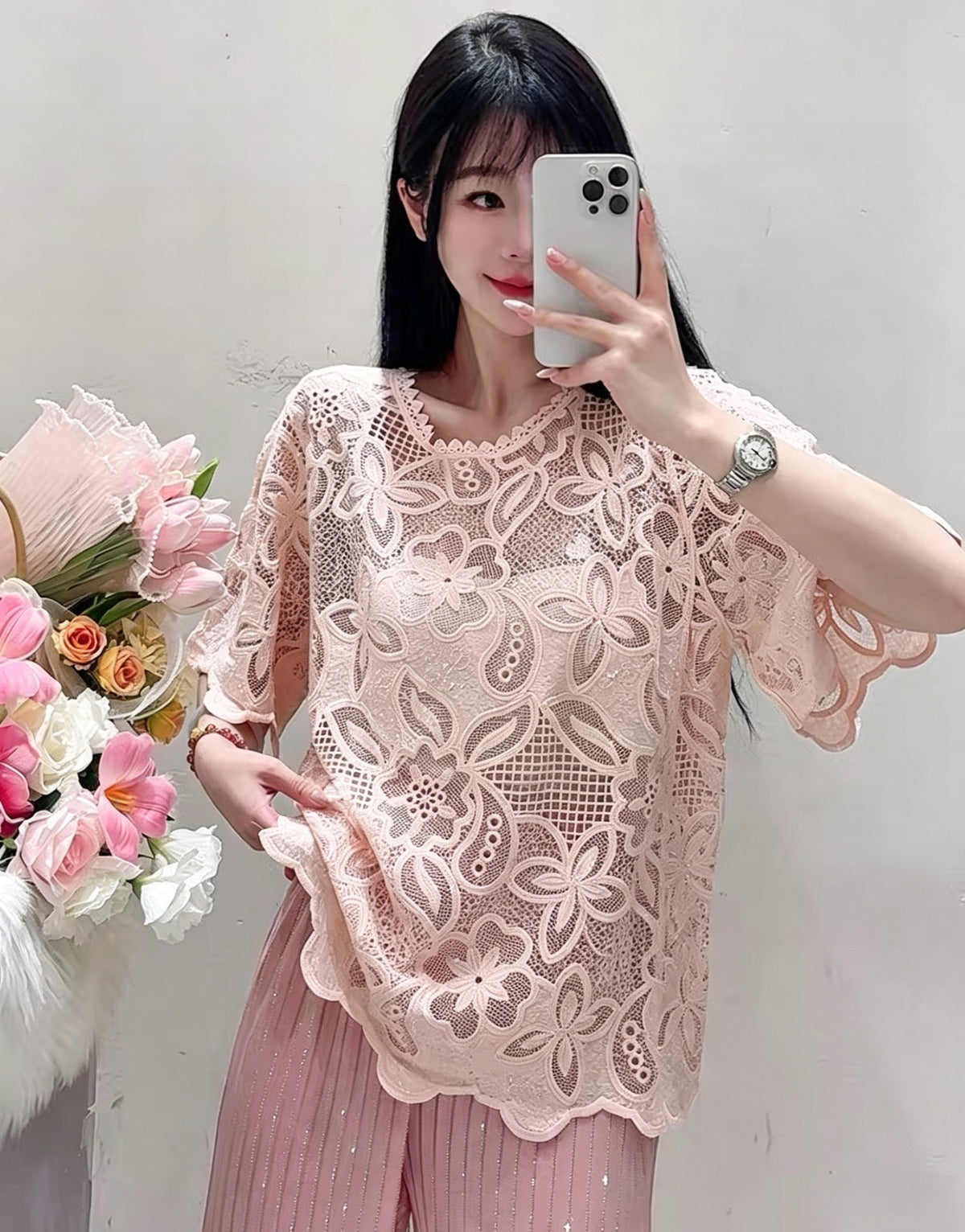 Design-focused Round-neck Lace Chanel-style Womens Top by Ricaloux