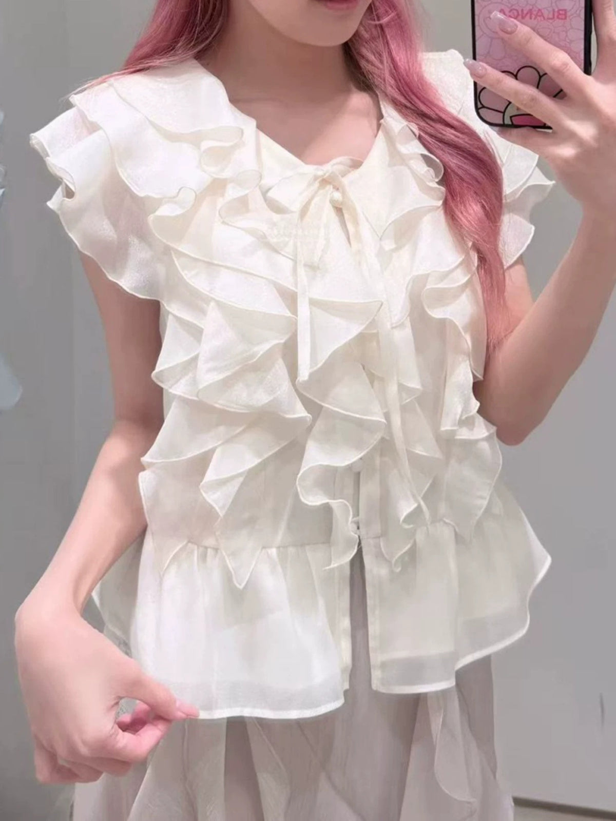 Sweet Petal-Print Ruffled Hem Bow-Tie V-Neck Shirt – Premium 0 | RICALOUX