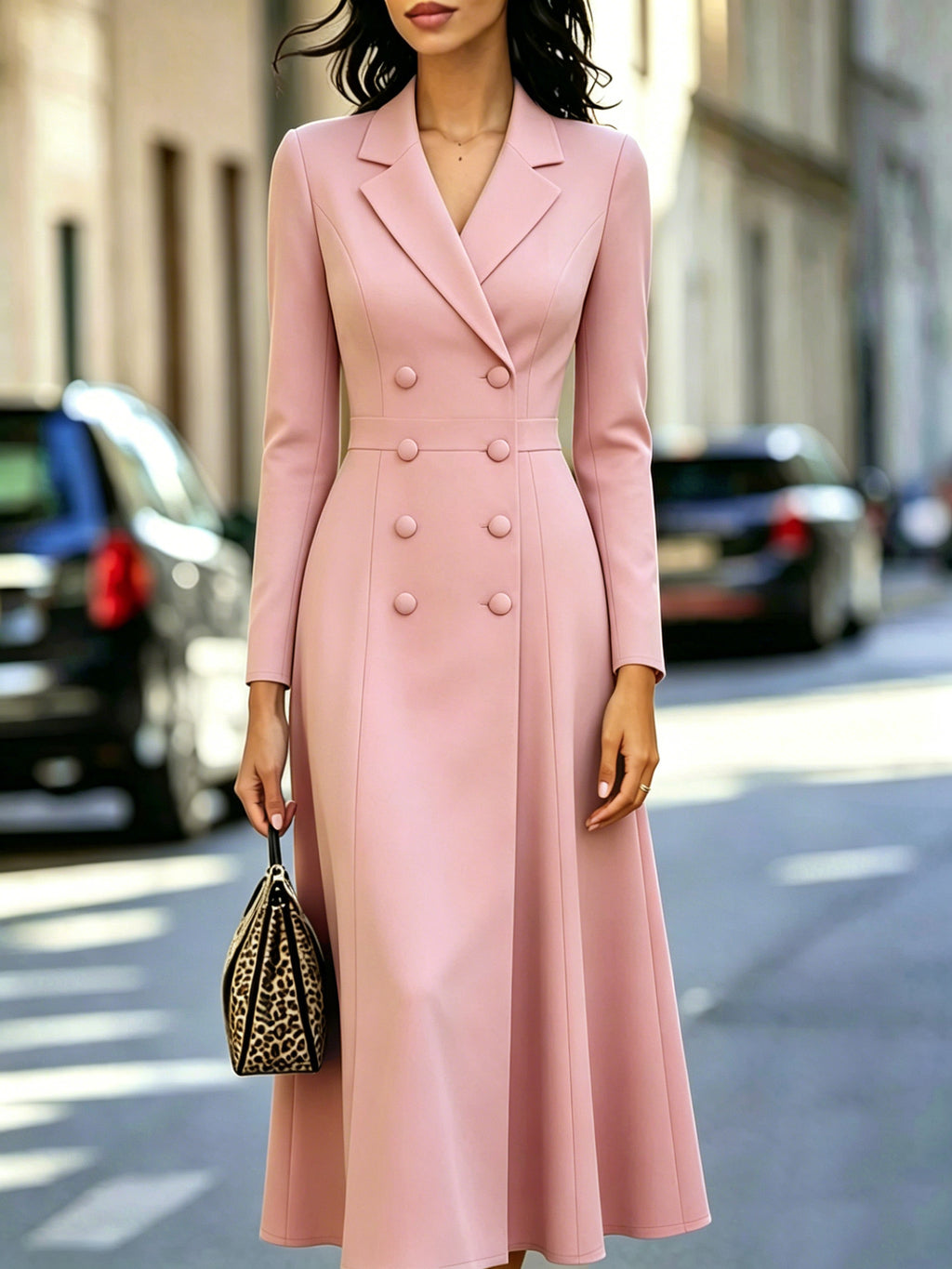 Elegant Double-breasted Tailored Long Dress With A Cinched Waist And A Flared Skirt by Ricaloux