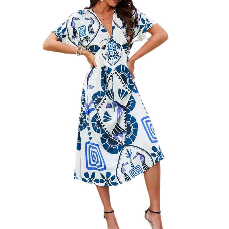 Womens Short-Sleeve Geometric-Print High-Waist Long Dress – Premium 0 | RICALOUX