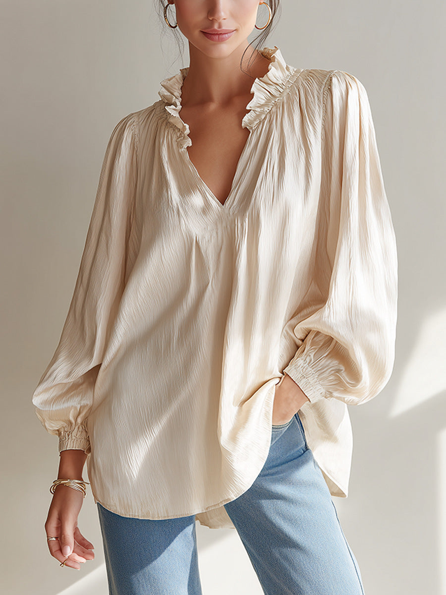 V-neck Loose-fitting Top With Puffed Balloon Sleeves by Ricaloux