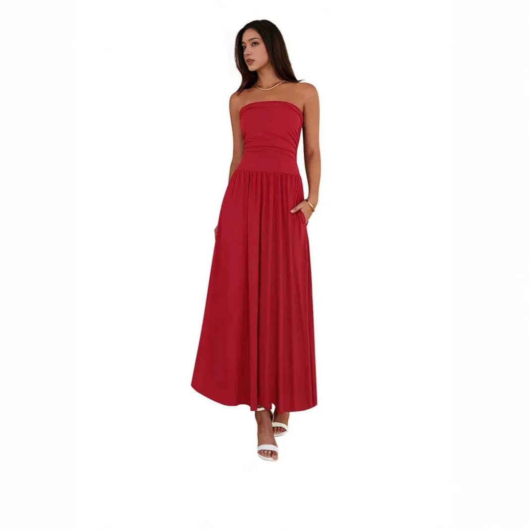 Vintage-tinged Pleated Patchwork Strapless Evening Dress by Ricaloux